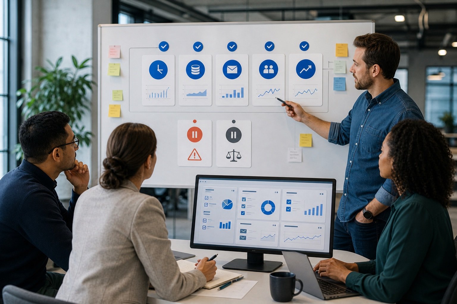 Photo of a man in an office pointing a pen at a whiteboard covered with process icons and small charts while three colleagues at a desk with a dashboard monitor look on.